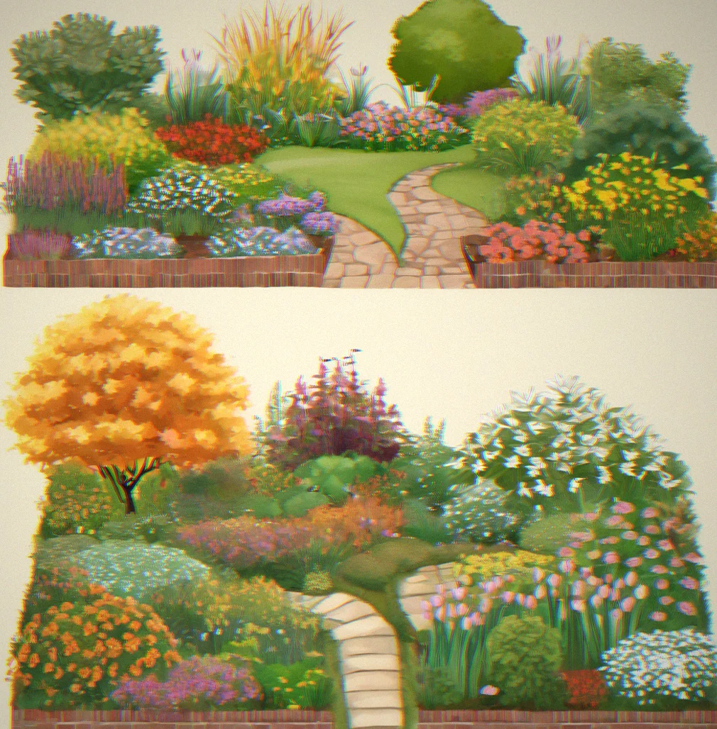 Four garden views showing the same space across spring green, summer full growth, autumn golden tones, and winter dormancy