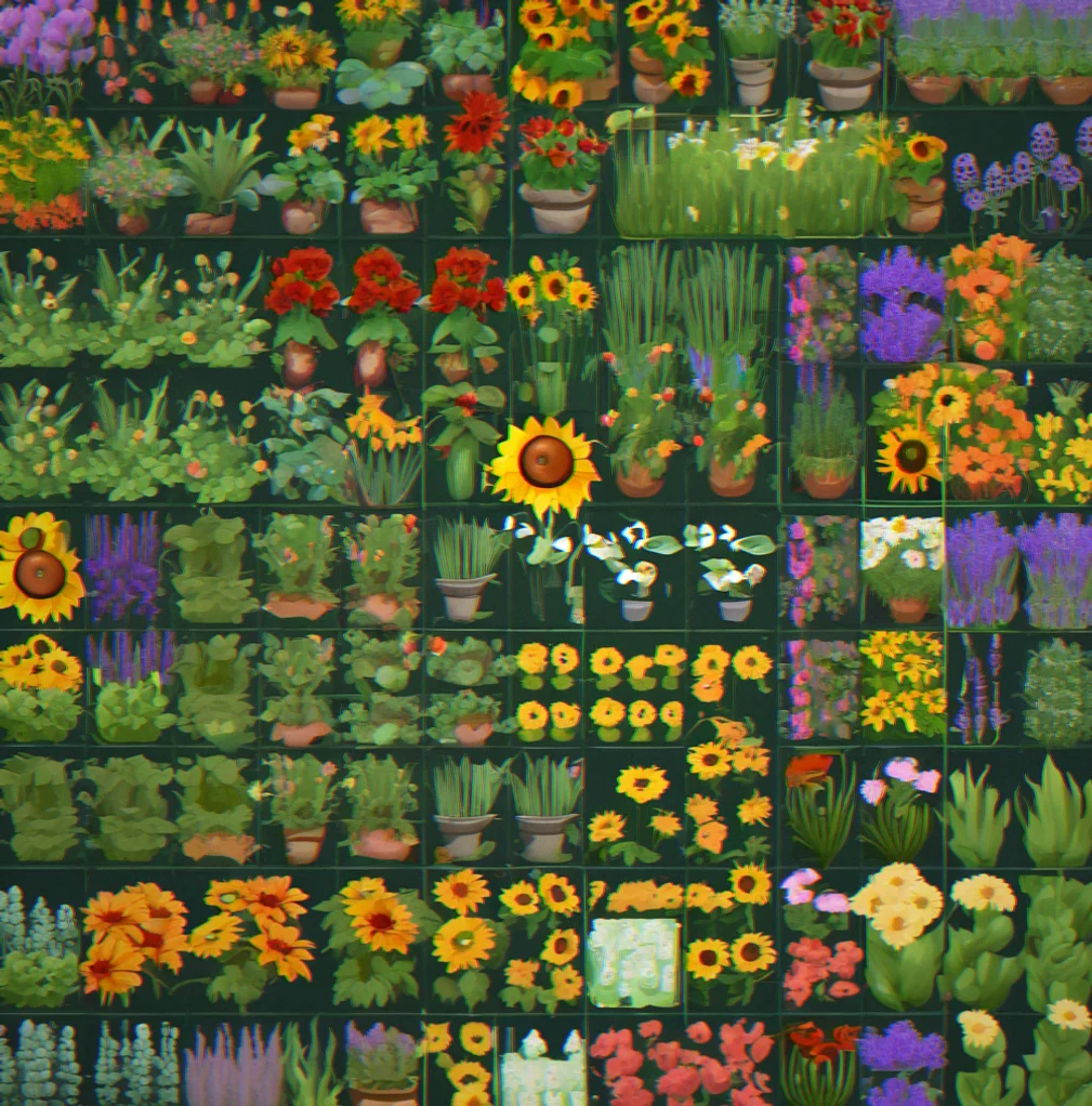 A grid dipslay of different unlocked plants including tomatoes, sunflowers, lavender, and exotic varieties