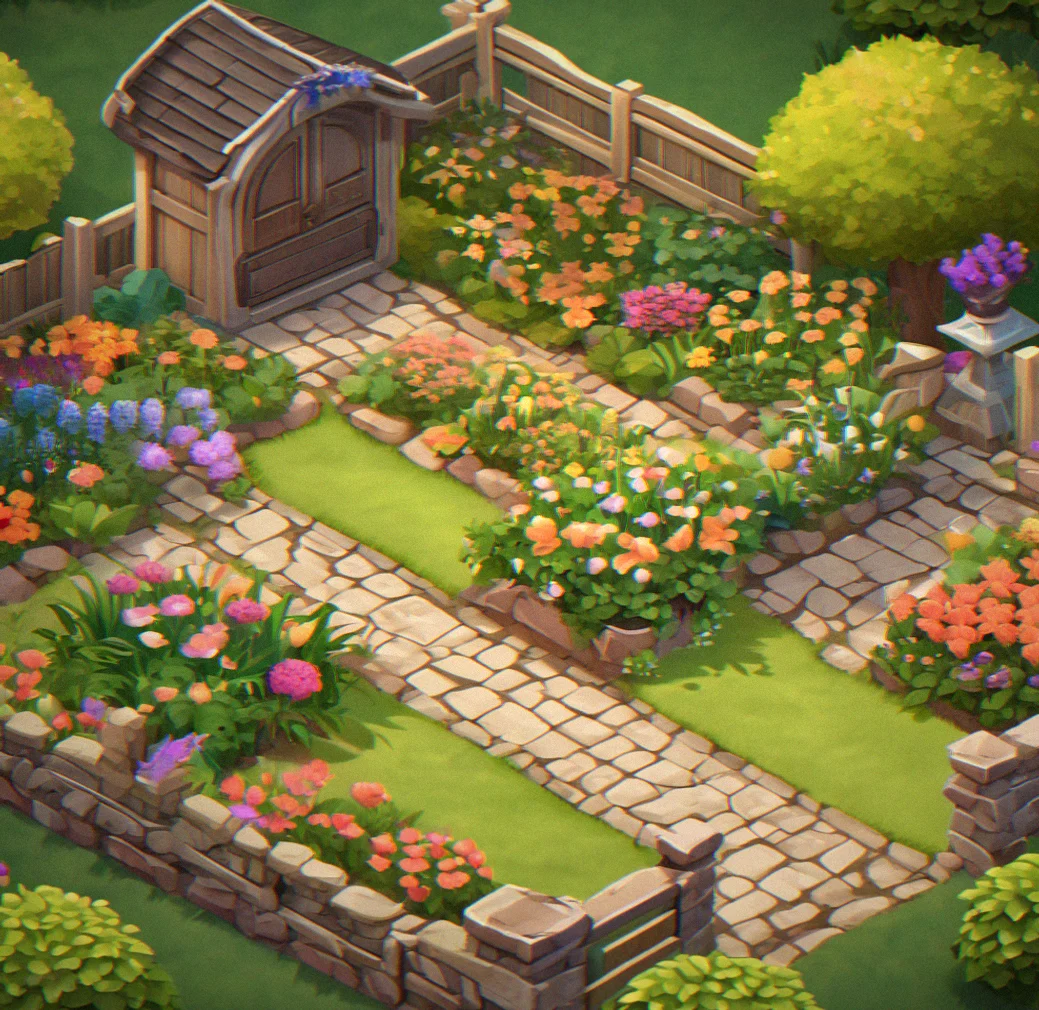 A customized garden layout with decorative pathways, fencing, and themed ornaments arranged artfully