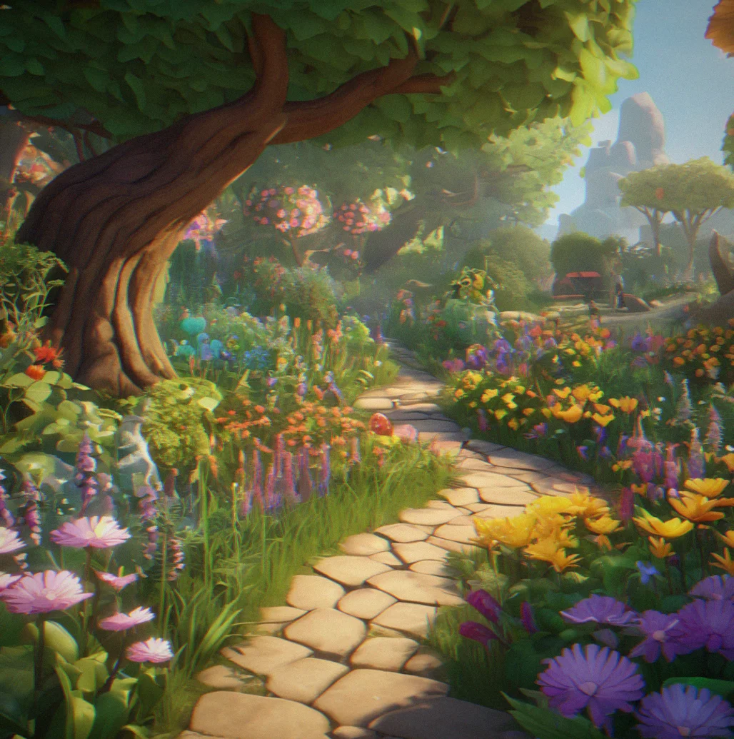A garden view with hidden discovery areas partially visible and glowing indicators showing exploration zones
