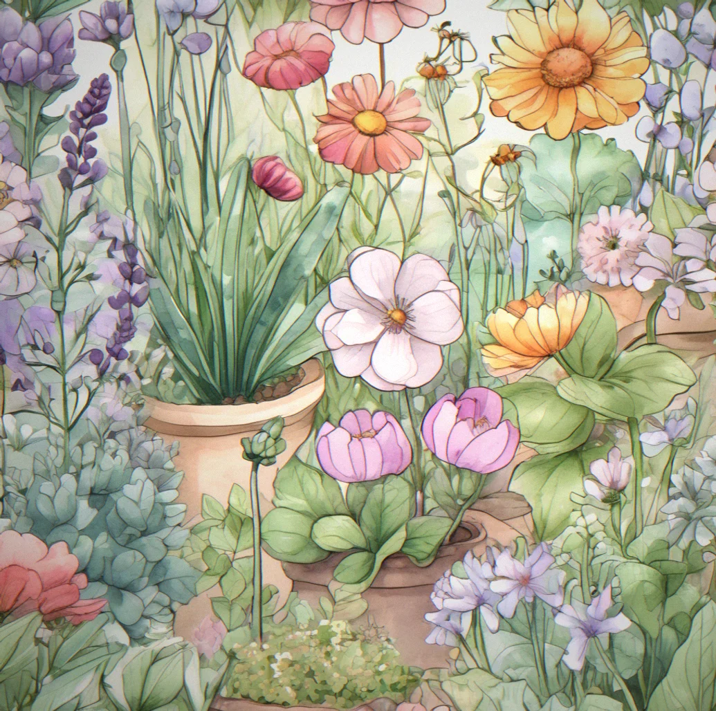 Close-up view of hand-drawn garden assets with soft watercolor-style shading and pastel tones