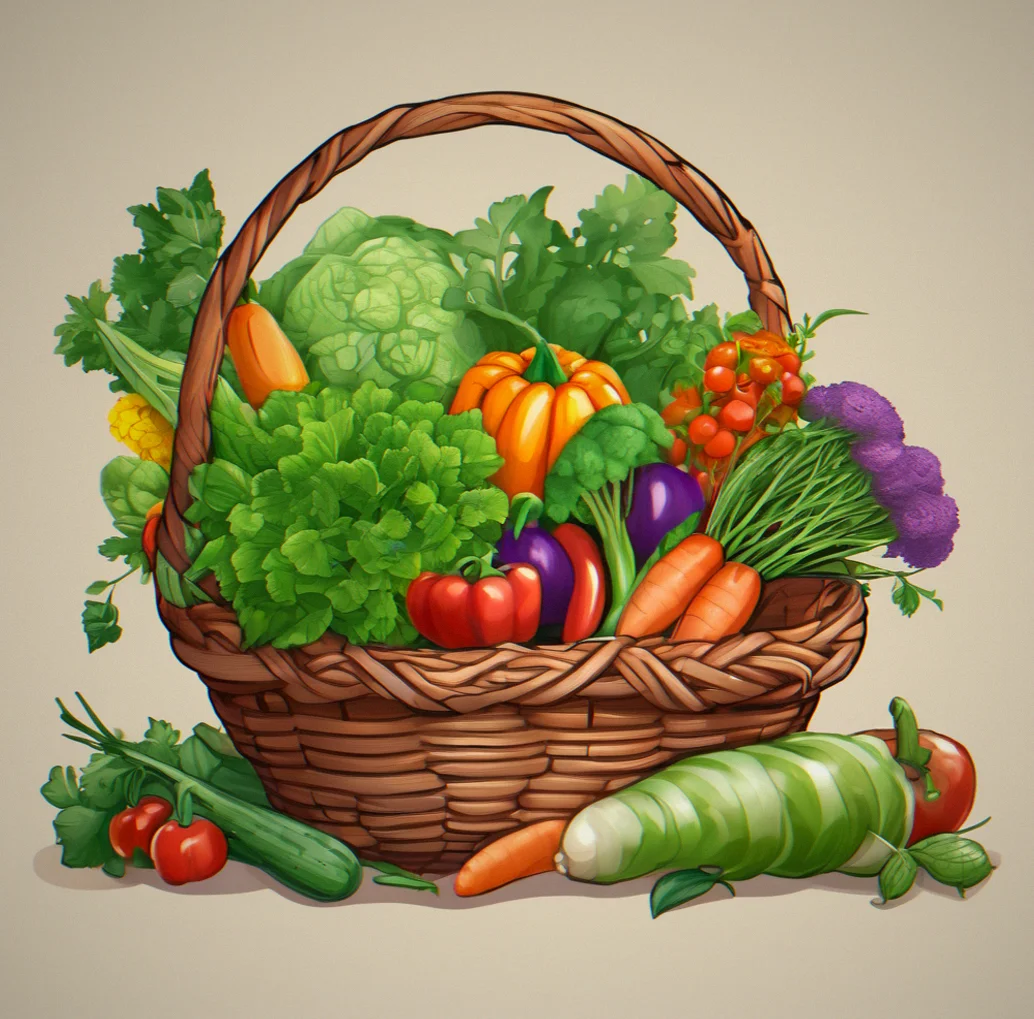 A harvest basket full of vegetables and herbs picked from the player's garden, with unlock notifications in the background