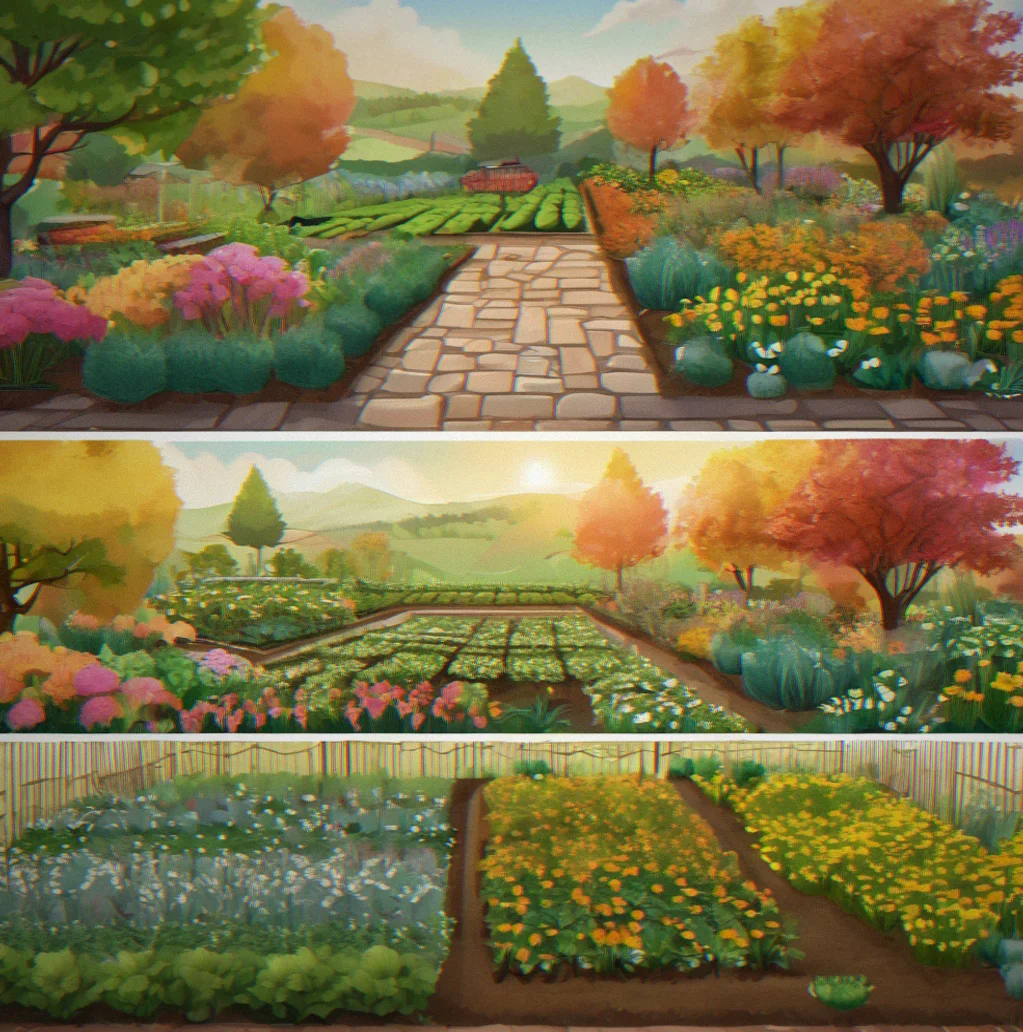 A split-screen showing the same garden plot transitioning from spring seedlings to summer foliage to autumn golden tones to winter dormancy