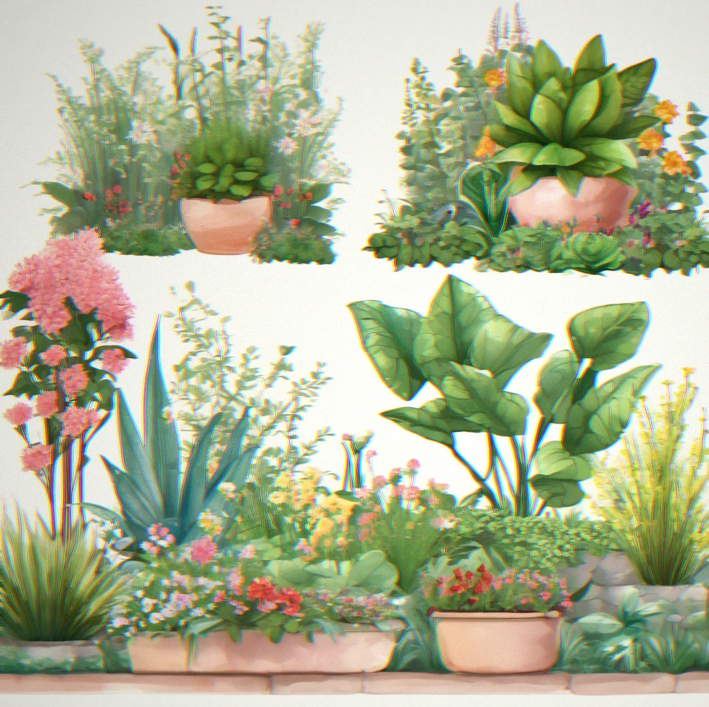 Three different customized garden layouts displayed side-by-side showing contrasting aesthetic themes with different plants and decorations