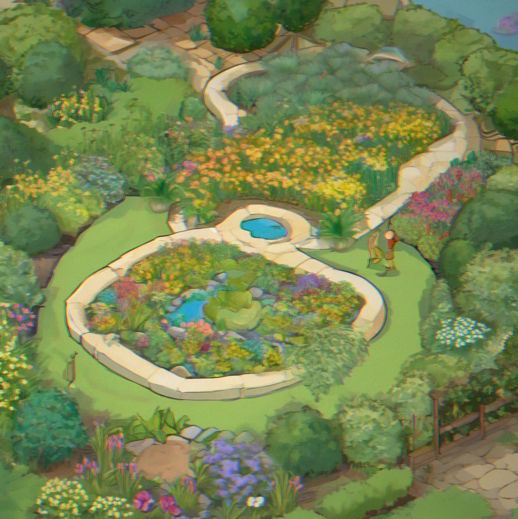 A garden map view with partially visible explooration zones marked by soft golden glows indicating discoverable areas