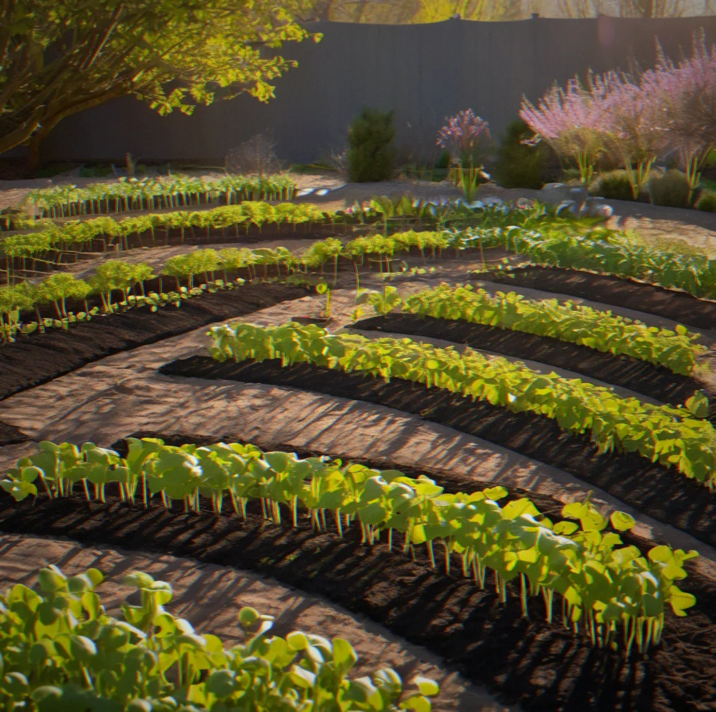 Early spring garden with seedlings just planted in curved rows, long shadows stretching across the turned soil in morning light