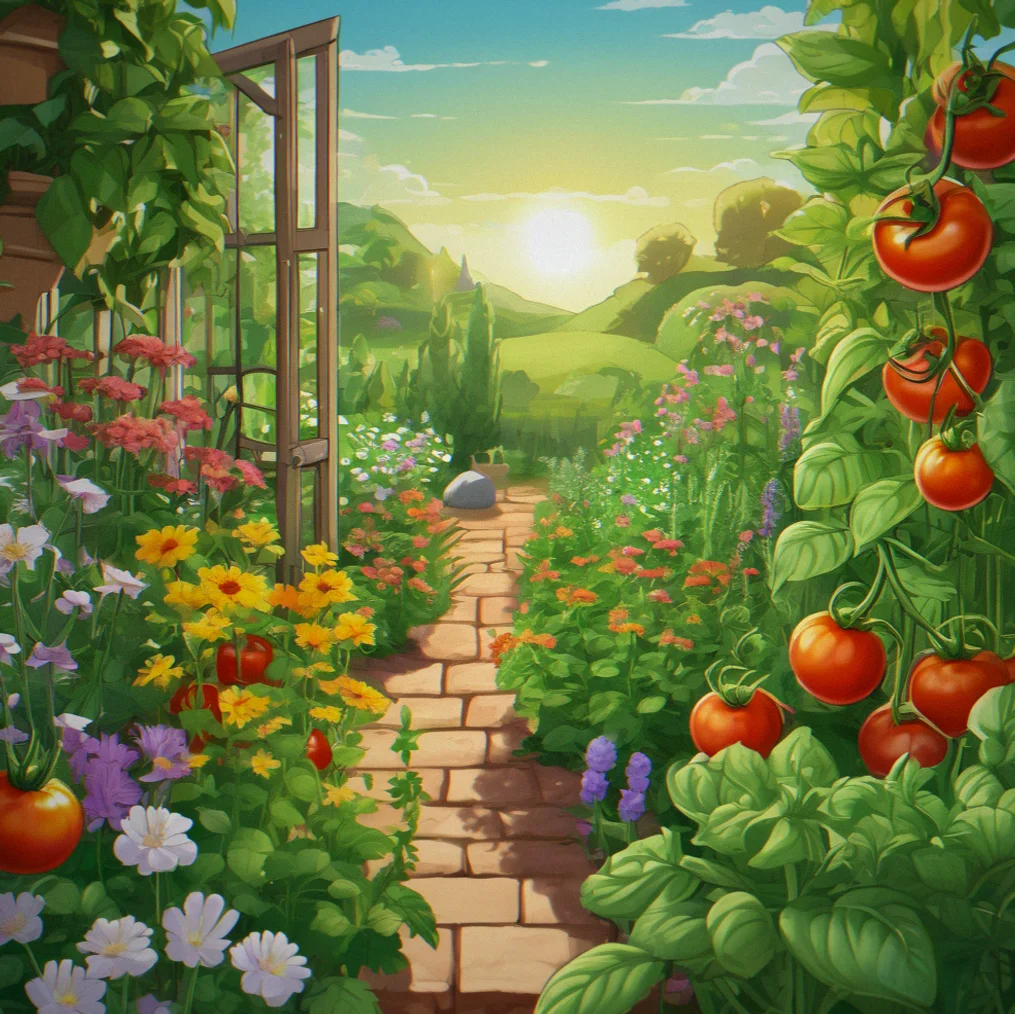Garden at peak summer with tall tomato plants towering over flowering herbs and thick green growth everywhere under bright sun