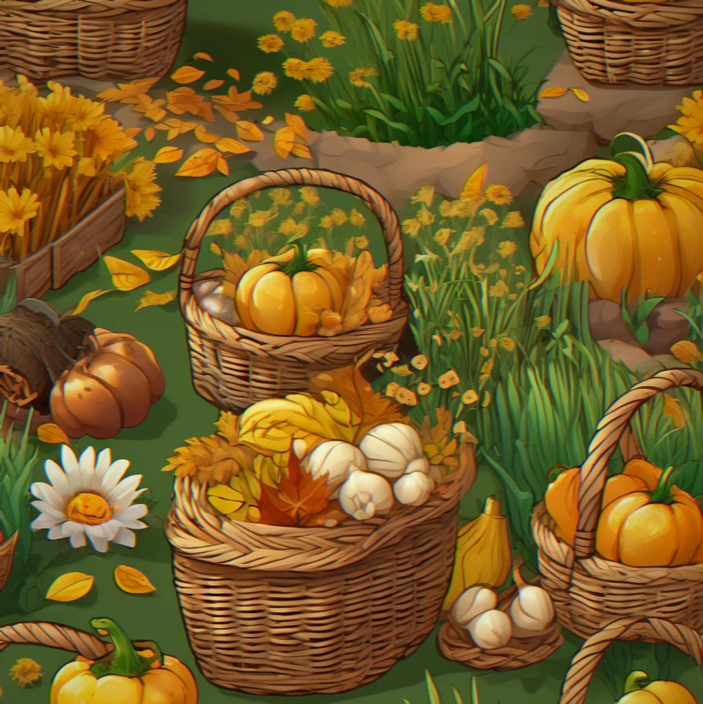 Harvest time with golden vegetables piled in a wicker basket, dried grass and amber leaves scattered across the beds