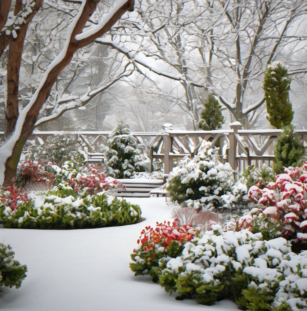 Winter garden blanketed in fresh snow, plant beds dormant beneath the white, though evergreen decorations still pop with color