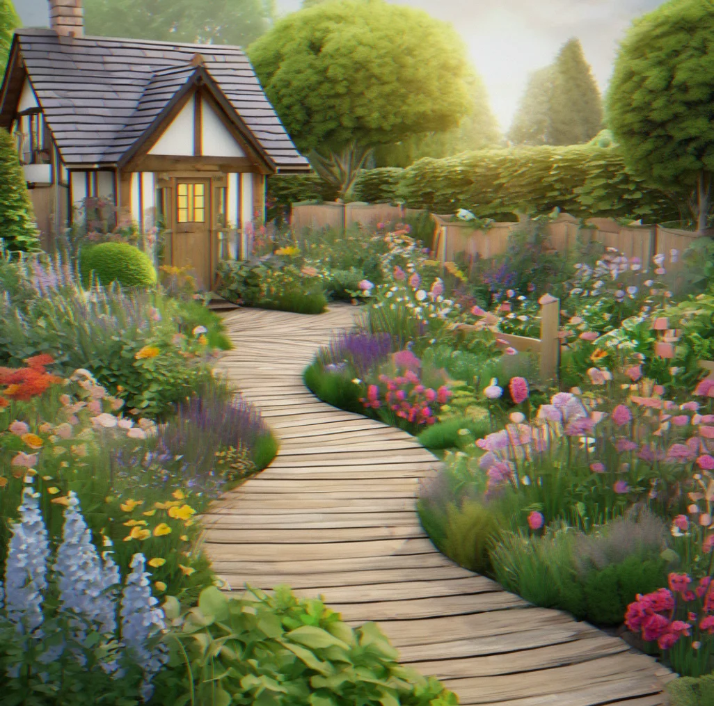 Garden design with wooden pathways running through it, small fencing bordering the beds, arranged in that charming cottage garden style