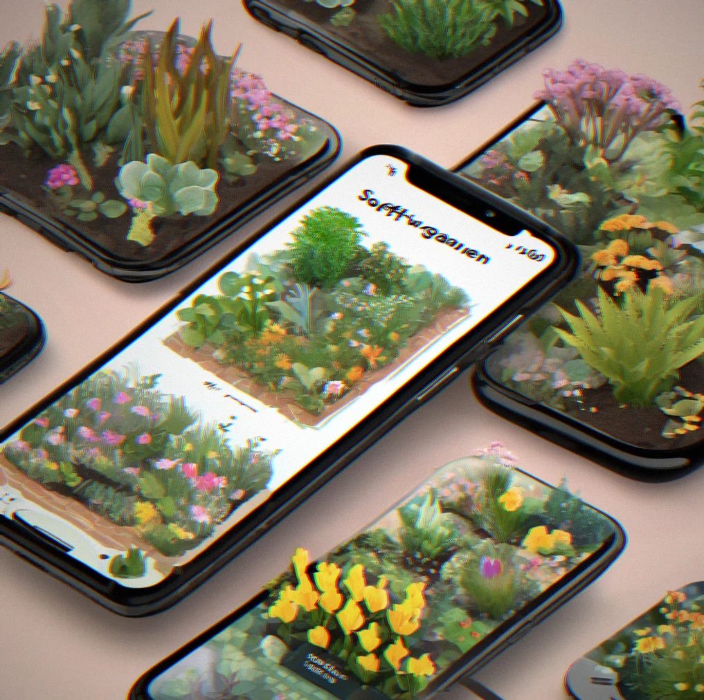 Phone showing the Softgarden app zoomed in on individual plants, with unlock notifications showing in the corner