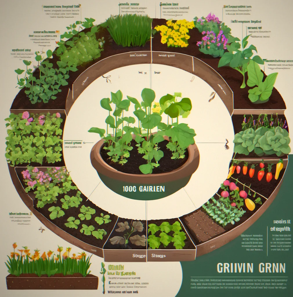 A timeline showing one garden bed progressing from bare soil through sprouting seedlings to flowering plants to mature harvestable vegetables across four seasonal stages