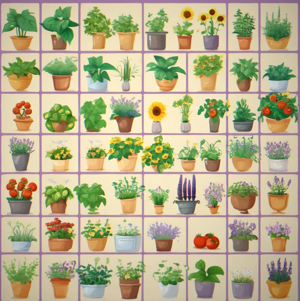 A collection display showing various unlocked plant varieties including tomatoes, lavender, basil, sunflowers, and a few ornamental flowering plants arranged in a grid