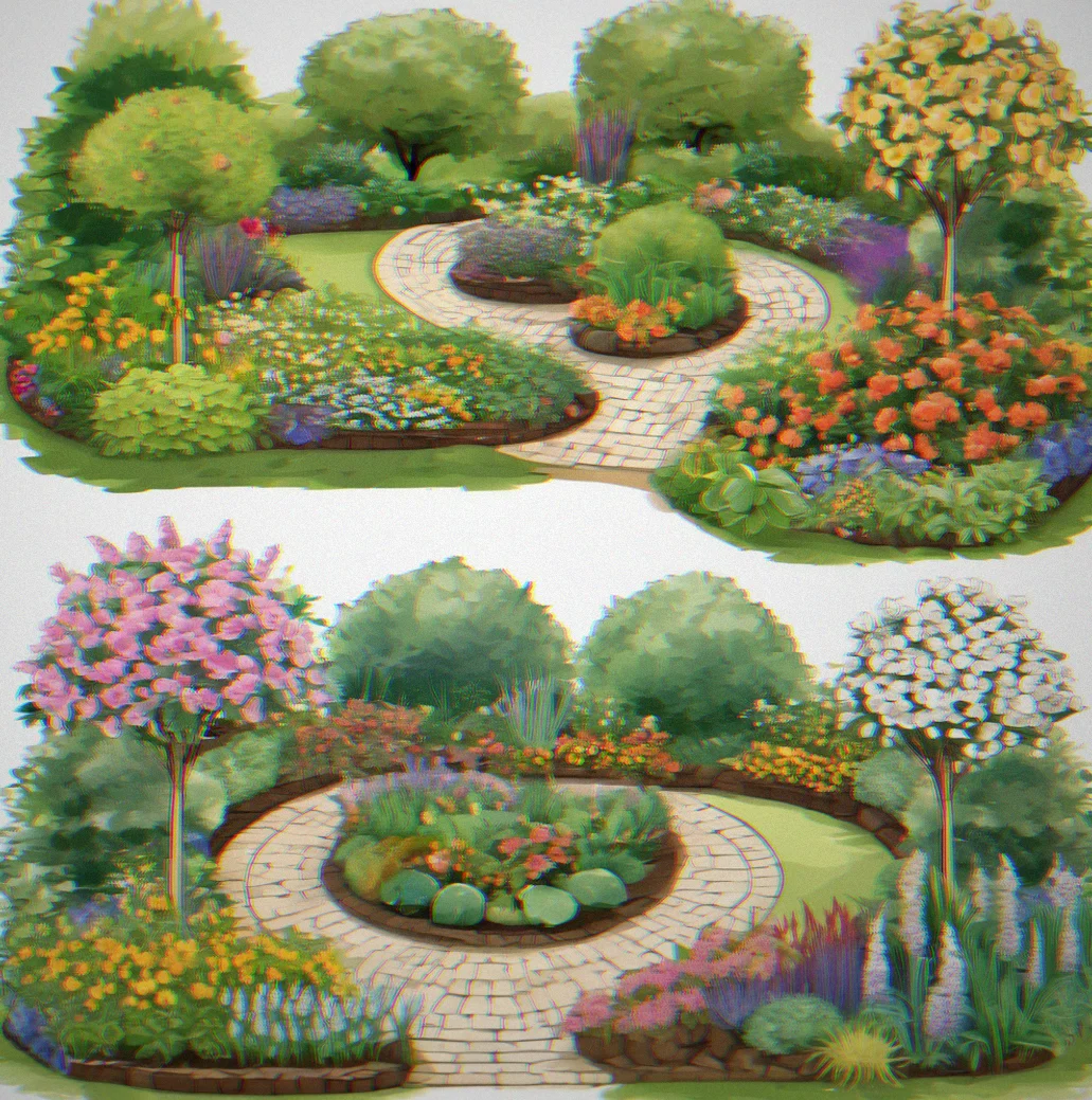 Three side-by-side garden layouts showing Different decoration themes with contrasting pathways, fencing styles, and ornamental elements each with distinct aesthetic character