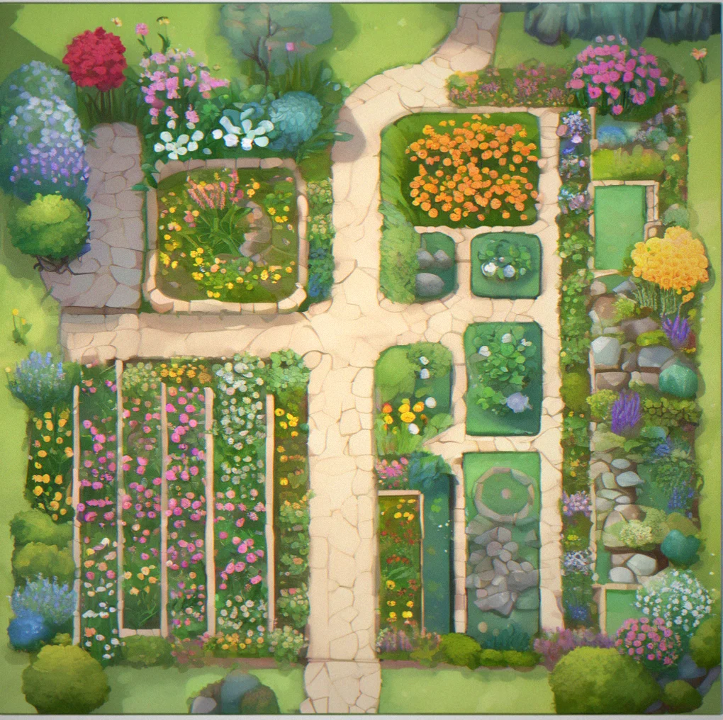 A garden map view with softly glowing exploration zones visible in the corners and edges, indicating discoverable areas with no penalty for delay
