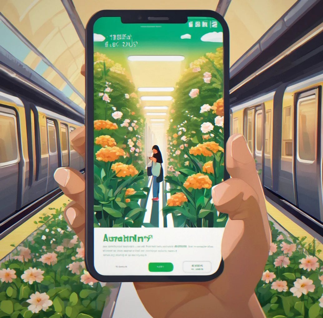 A person holding a smartphone on a subway platform, the Softgarden garden scene visible on the screen, soft afternoon light in the background