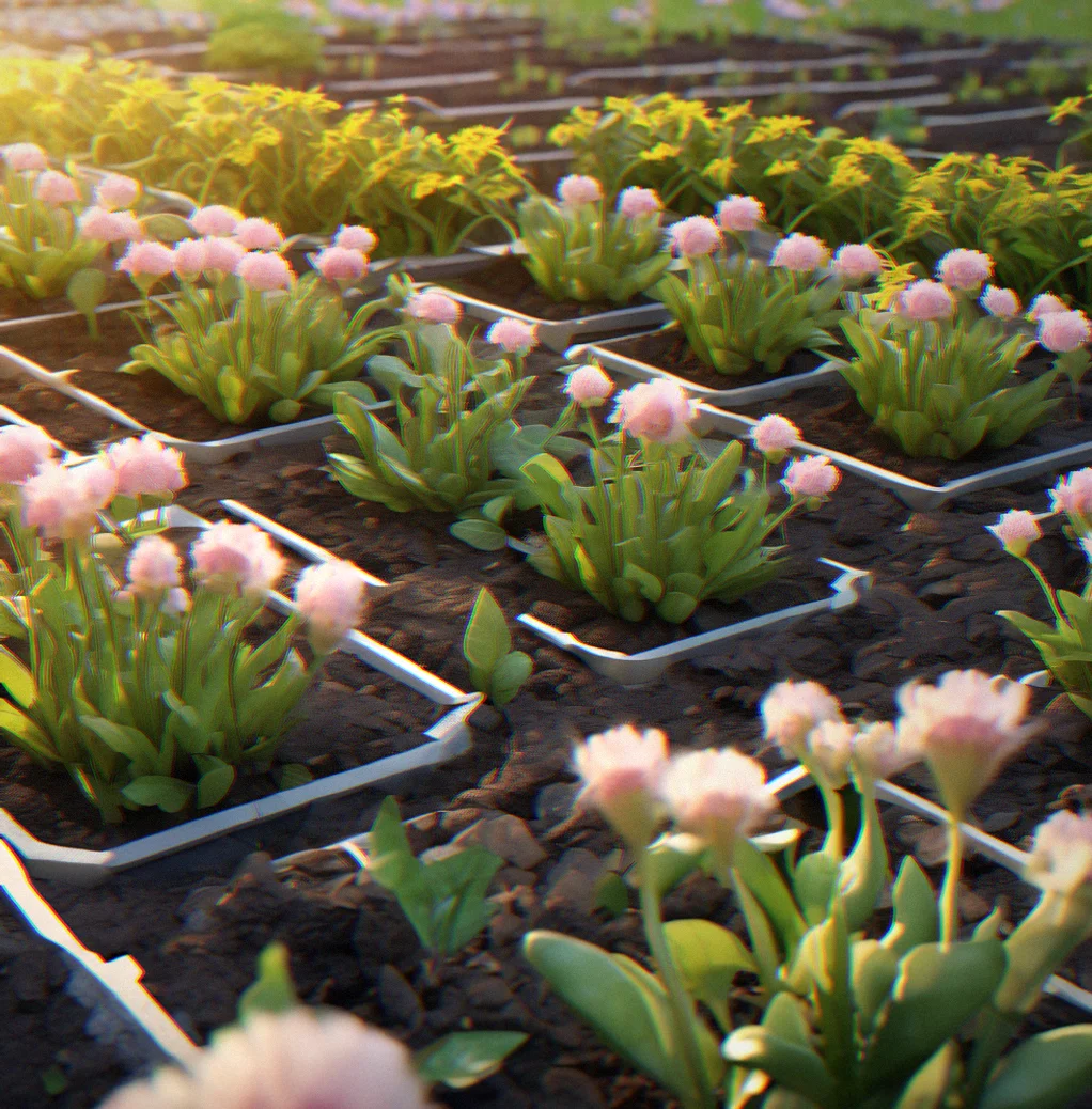 A spring garden with young plants just starting to grow, arranged in rows under soft early morning light